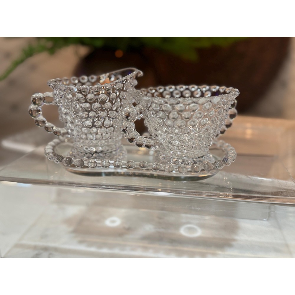 Vintage Duncan & Miller Clear Glass Creamer, Sugar WITH TRAY 3 piece set